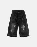 Short vaquero de corte recto con pedrería