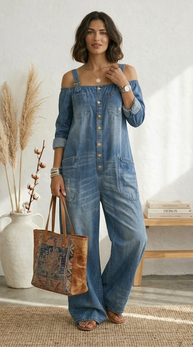 Ruth | Overol Azul Off Shoulder Pernera Ancha