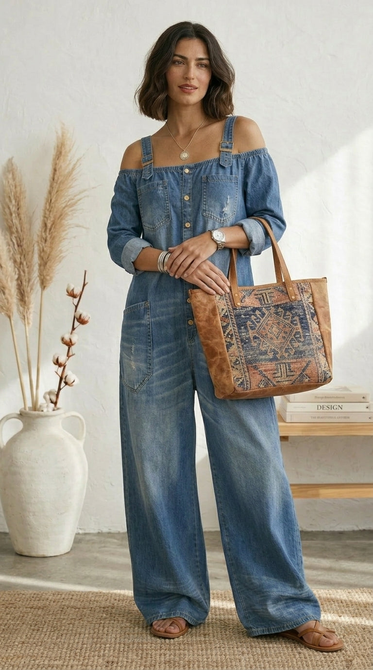 Ruth | Overol Azul Off Shoulder Pernera Ancha