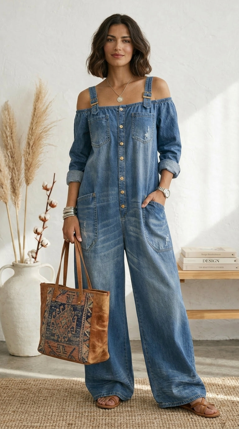 Ruth | Overol Azul Off Shoulder Pernera Ancha
