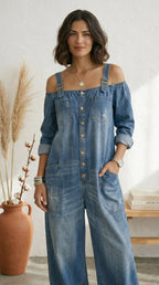 Ruth | Overol Azul Off Shoulder Pernera Ancha
