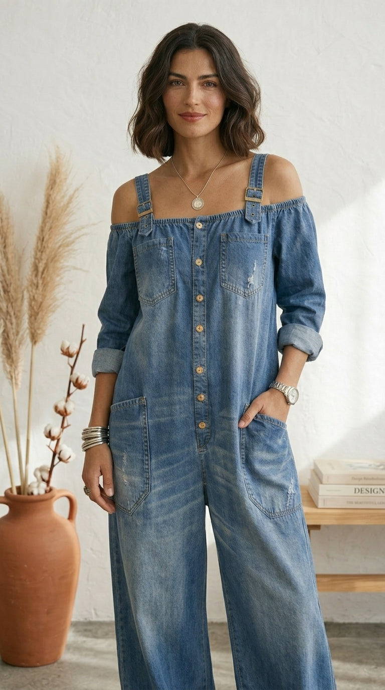 Ruth | Overol Azul Off Shoulder Pernera Ancha